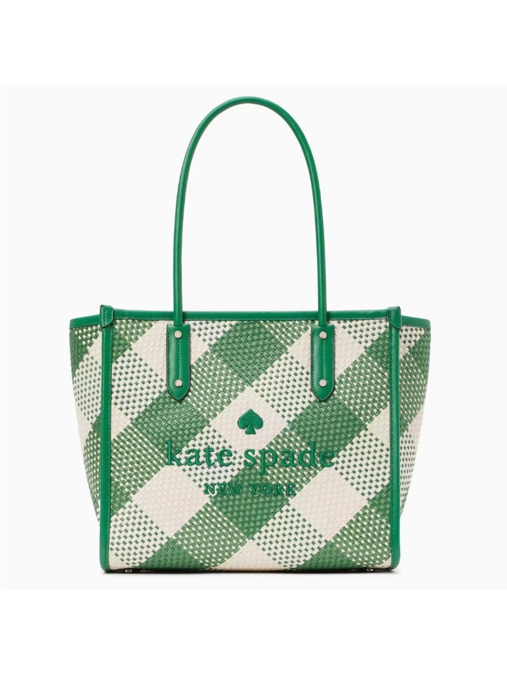 Kate Spade Ella Gingham Woven Straw Large Tote‎ Bag Green Bean
